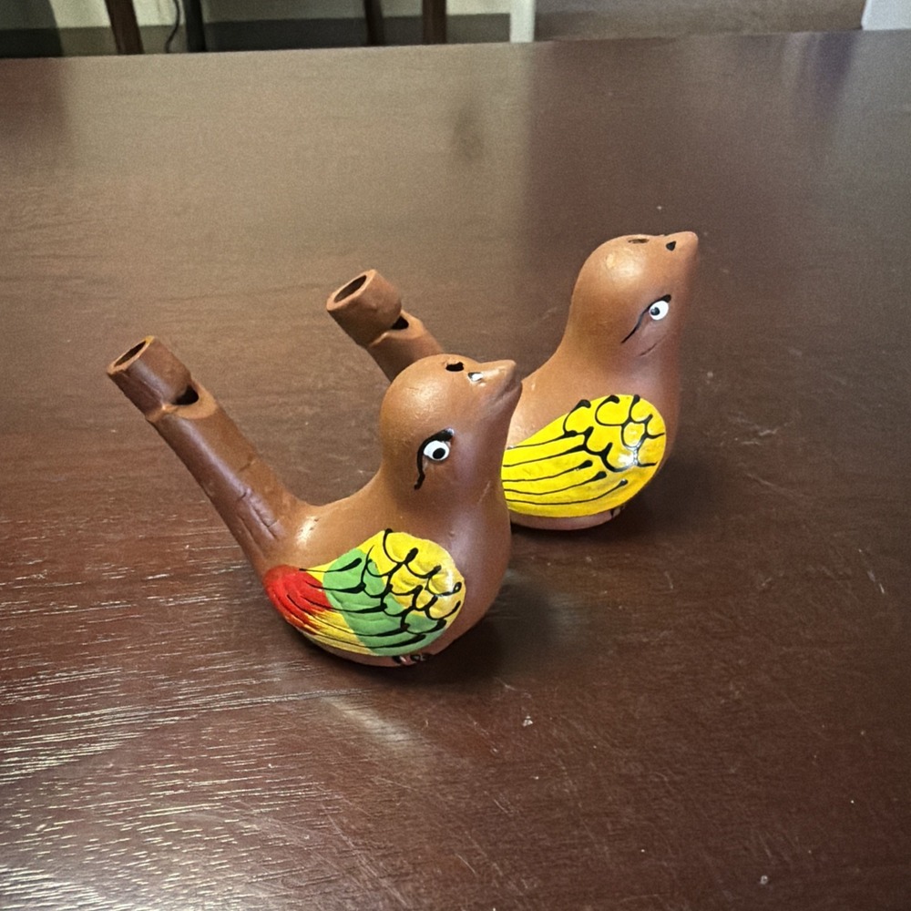 Bird Whistle Handpainted Ceramic Terra Cota Colorful Orange Red Brown Peru